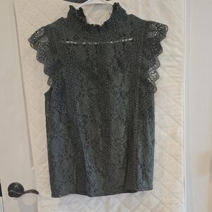 Cable & Gauge Lace Ruffle Top - Dark Green